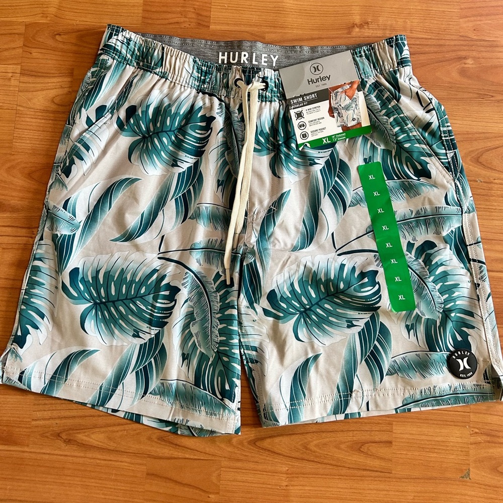 NWT Hurley Men's Board Shorts - Teal and Gray Leaf Print